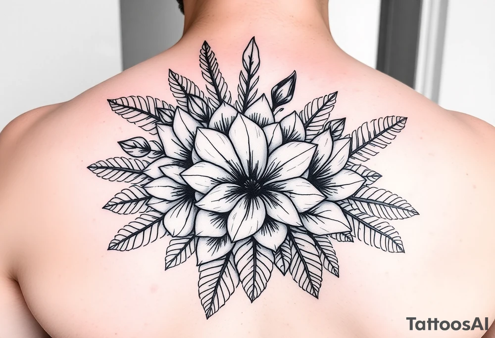 Bouquet made of birth flowers for the months of April May, June and August with exotic foliage like fern leaves and Monstera for arm sleeve tattoo idea