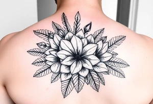 Bouquet made of birth flowers for the months of April May, June and August with exotic foliage like fern leaves and Monstera for arm sleeve tattoo idea