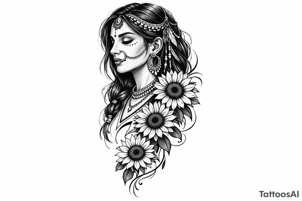 Indian Tribal with 3 cascading sunflowers tattoo idea