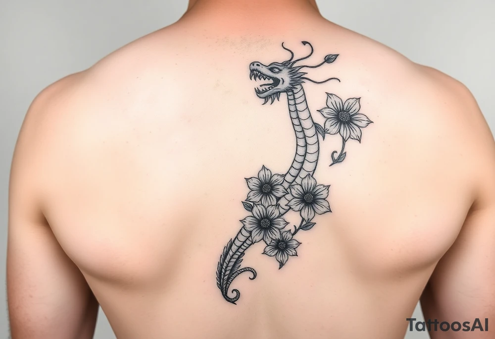Leg area back of calf dragon going up 4 flowers tattoo idea