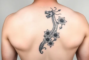 Leg area back of calf dragon going up 4 flowers tattoo idea