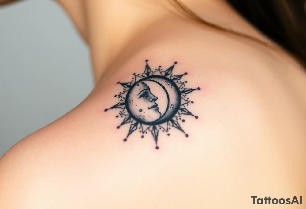celestial sun and moon embrace with constellation patterns tattoo idea