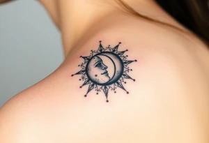 celestial sun and moon embrace with constellation patterns tattoo idea