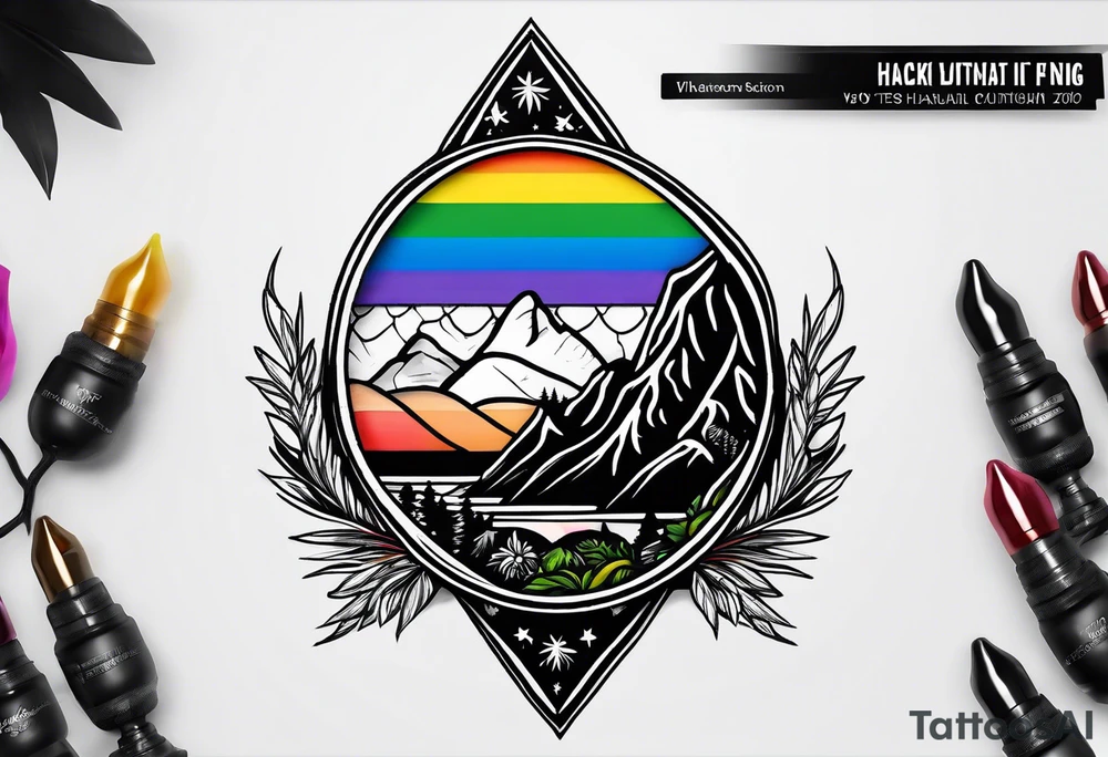 Black/ white tattoo that represents my love of hiking, my Hawaii upbringing,  my Finnish roots, and with a colored small rainbow flag tattoo idea