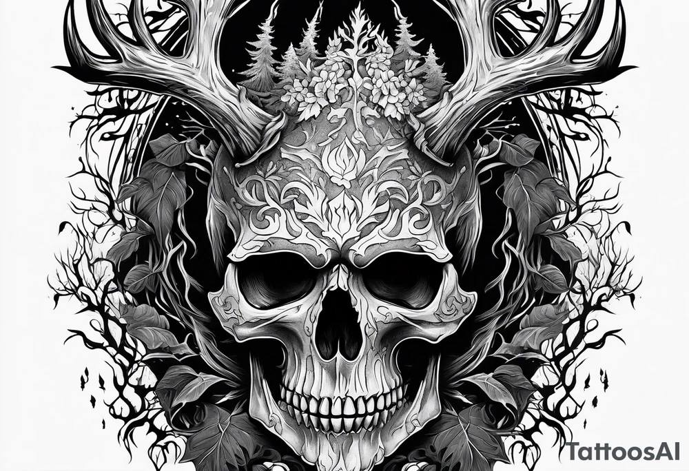 A spooky decaying skull lore accurate wendigo surrounded by a forest fire in background tattoo idea