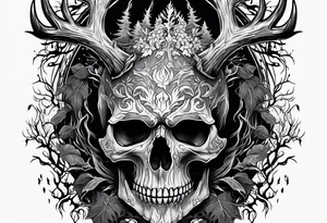 A spooky decaying skull lore accurate wendigo surrounded by a forest fire in background tattoo idea