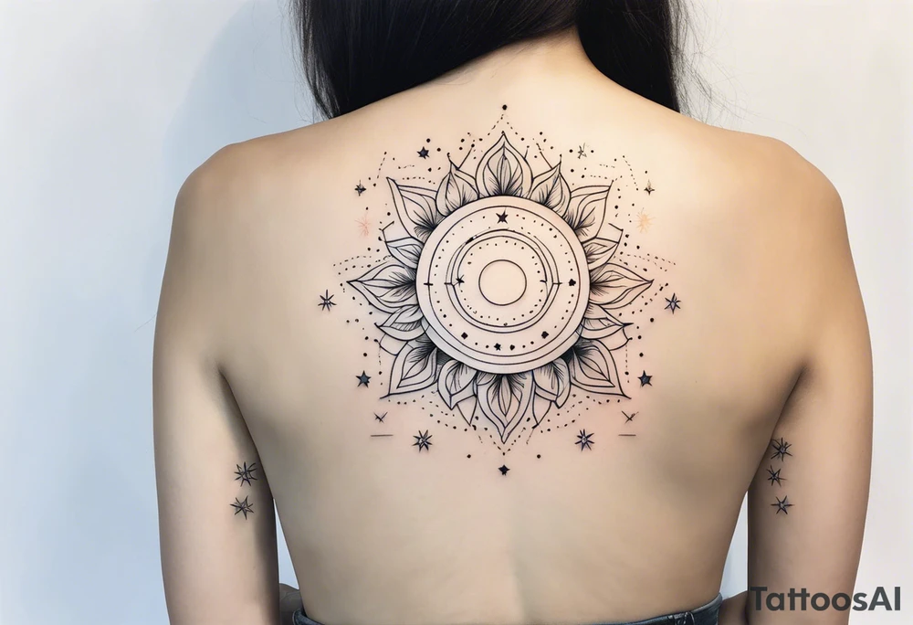 fine line with sun, stars, floral, dots. Sternum tattoo tattoo idea
