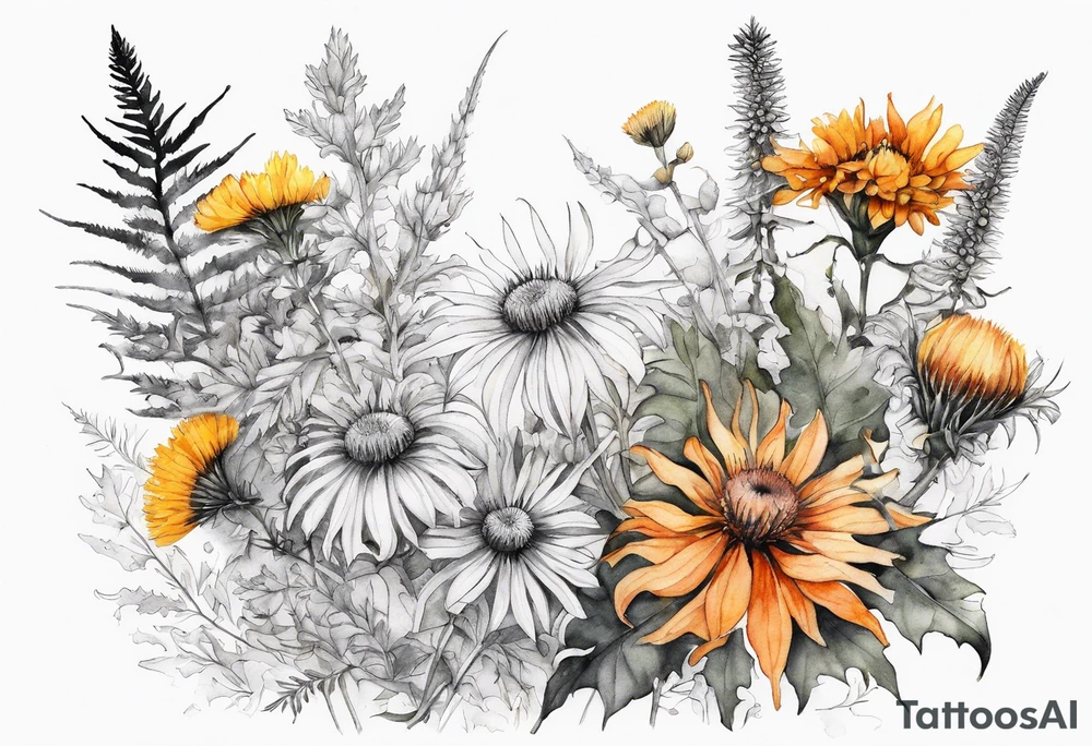cascading mixed wildflowers with thistles, ferns, burnt orange white and yello flowers all in watercolor tattoo idea