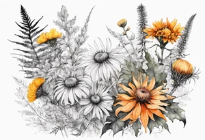 cascading mixed wildflowers with thistles, ferns, burnt orange white and yello flowers all in watercolor tattoo idea