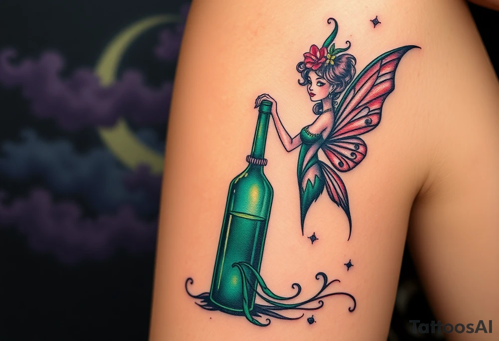 Tim Burton’s pin up style Vintage Parisian elegant and hauntingly beautiful yet eerie full body absinthe Green Fairy dances outside her victorian crystal decatur absinthe bottle Absinthe Art Nouveau   and dripping with muted reds, dusty pinks, and eerie green glow.purple and cyan smokey clouds swirl in the crescent moonlit sky thats sprinkled with stars tattoo idea
