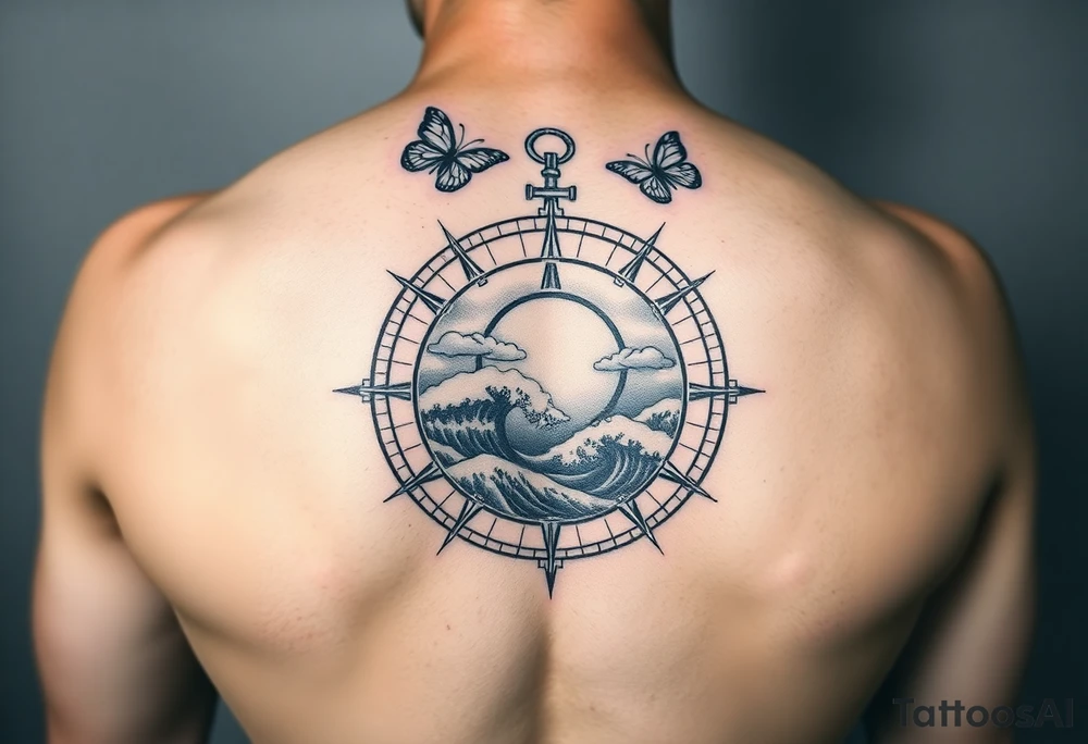 compass with butterflies and the sun shining through clouds, with waves crashing in the background
half sleeve tattoo idea
