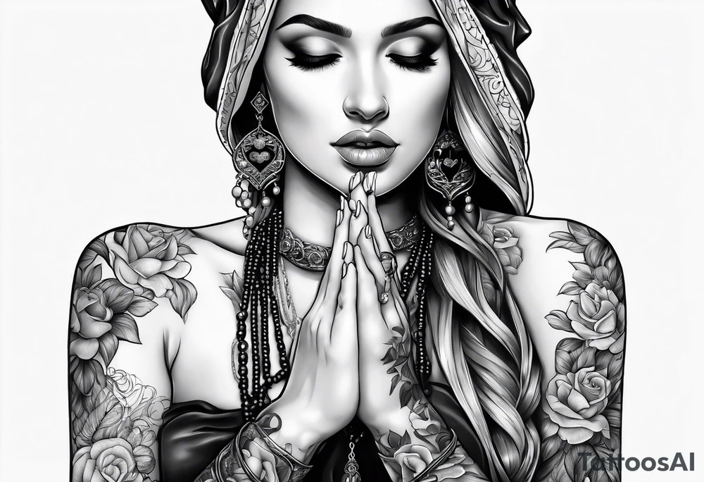 A woman’s praying hands holding a rosary catholic style tattoo idea