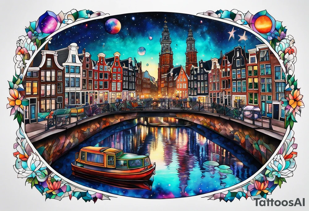 Tattoo of glass animals in Amsterdam buildings and canal featuring glass and colours of galaxy and universe colours tattoo idea