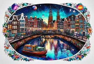 Tattoo of glass animals in Amsterdam buildings and canal featuring glass and colours of galaxy and universe colours tattoo idea