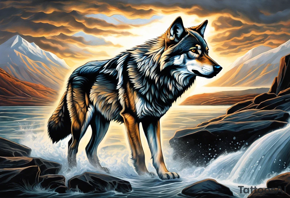 tattoo of a lone wolf navigating through a rugged landscape, with each obstacle representing a life battle – rocky terrain symbolizing challenges, storm clouds signifying hardships, and wild rivers representing struggles. The wolf is depicted with piercing eyes and a determined expression, embodying resilience and strength as it forges ahead. In the background, a subtle glow of sunlight breaks through the clouds, symbolizing hope and perseverance. Alongside the wolf, the phrase "Endure and Conquer" is inscribed in bold, minimalist lettering, encapsulating the theme of overcoming adversity with resilience and determination. tattoo idea