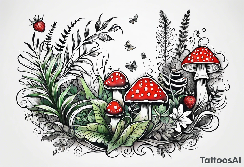forest floor inspired tattoo, which includes grass, curly ferns and dead leaves as the bulk of the tattoo. details to include: three  tiny strawberries, couple of very small mushrooms, a tiny bumblebee flying nearby tattoo idea