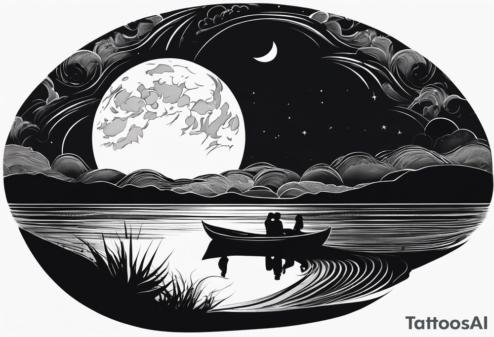Silouhette of two people on beach water with moon tattoo idea