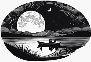 Silouhette of two people on beach water with moon tattoo idea