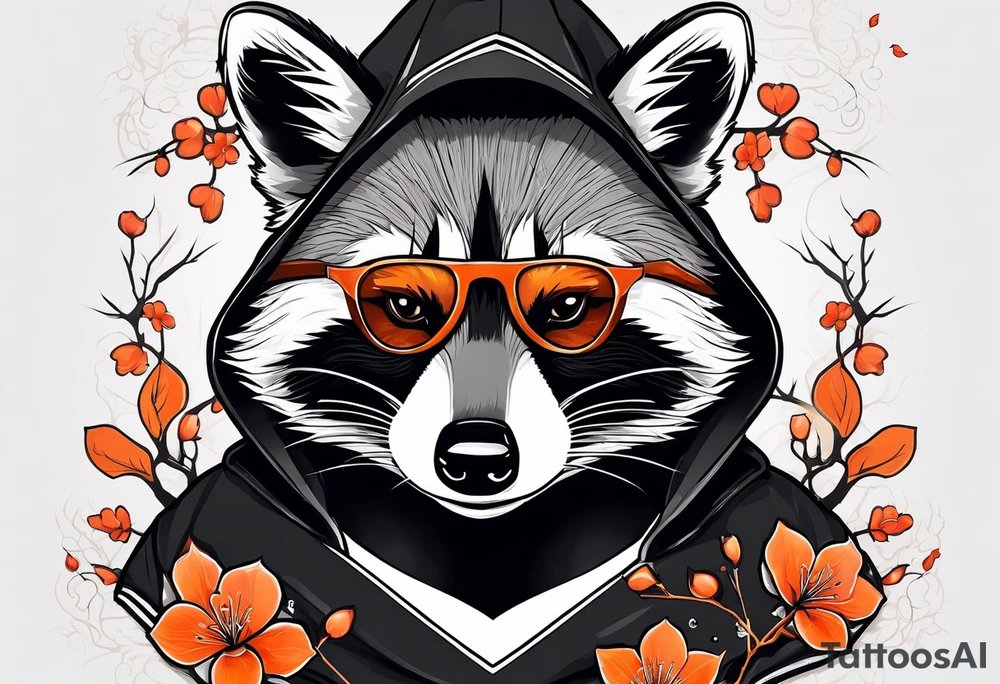 Raccoon wearing a white Superman logo on a black hoodie and orange Japanese cherry blossoms beside tattoo idea