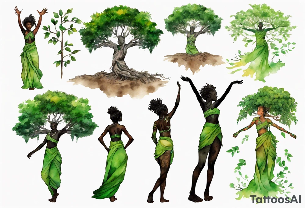 A tree woman with dark skin with green eyes with feet planted in the dirt and branch arms reaching up towards the sun tattoo idea