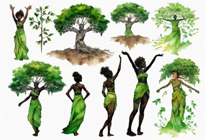 A tree woman with dark skin with green eyes with feet planted in the dirt and branch arms reaching up towards the sun tattoo idea