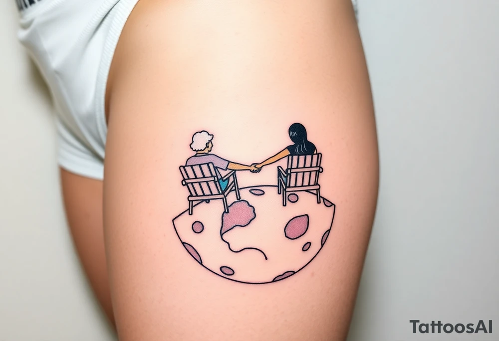 Two people holding hands, sitting in beach chairs, sitting on a giant planet tattoo idea