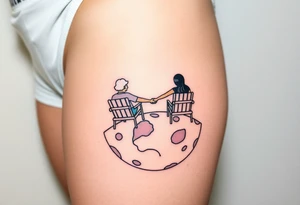 Two people holding hands, sitting in beach chairs, sitting on a giant planet tattoo idea