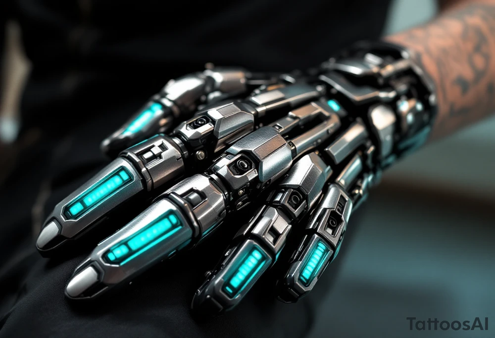 A tattooed mechanical glove with brushed silver plating and soft teal light strips running along the knuckles. tattoo idea