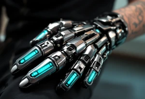 A tattooed mechanical glove with brushed silver plating and soft teal light strips running along the knuckles. tattoo idea