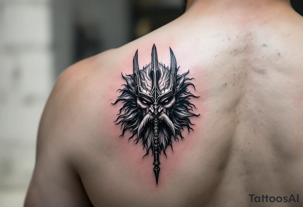 close-up poseidon behind a trident tattoo idea