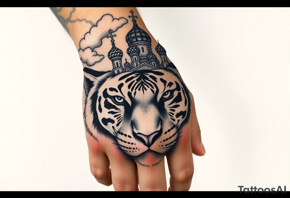 Realistic tiger face on the back of the hand with strong contrast and fine detail with hollow black eyes. with a highly detailed Russian Orthodox cathedral sitting above on fore arm with onion domes and orthodox crosses, done in fine line, engraving-like style. Cohesive composition, black ink only, no color, high contrast, slightly aged, documentary-style, plain light background. with clouds above and a virgin mary tattoo idea