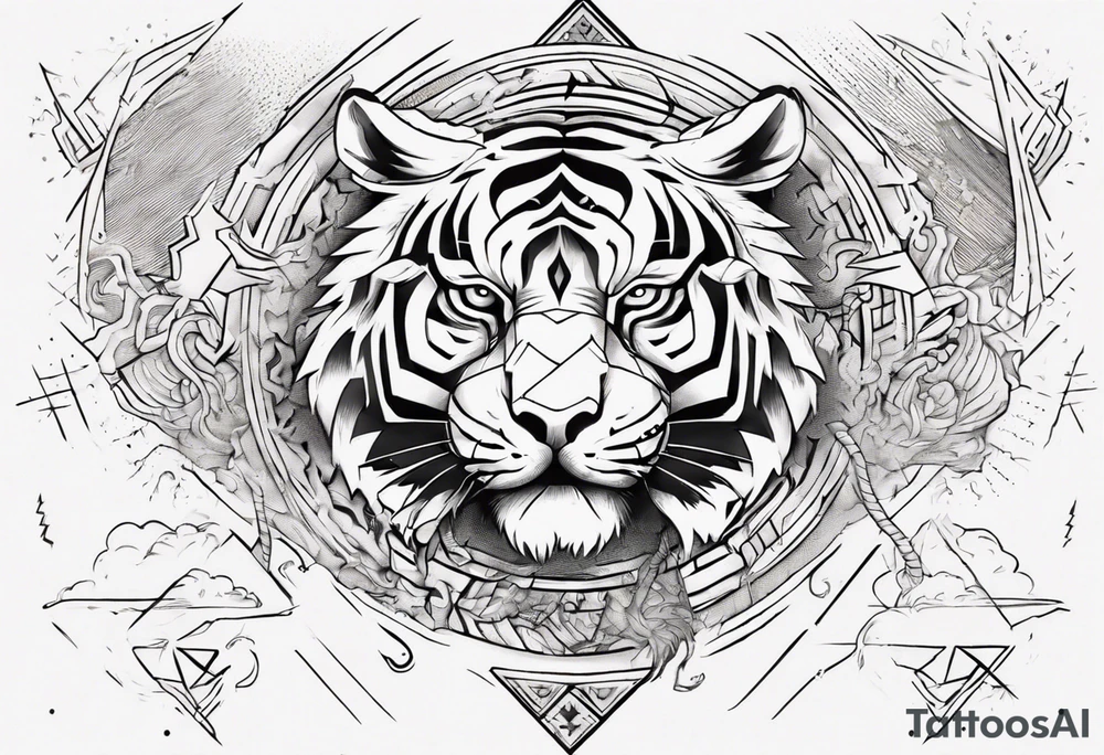Ancient tiger with lightning and a sun for a forearm sleeve. With patterns surrounding it tattoo idea Ancient tiger with lightning and a sun for a forearm sleeve. With patterns surrounding it tattoo idea