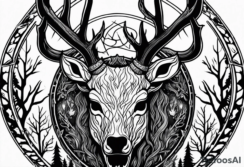 A wendigo with a decayed deer skull head with flames behind in a forest tattoo idea