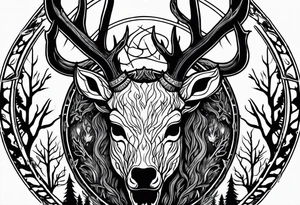 A wendigo with a decayed deer skull head with flames behind in a forest tattoo idea