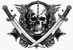 Two swords on left hand. Bottom sidr of sword  number 13 will be written. On upside madmax skulls tattoo idea