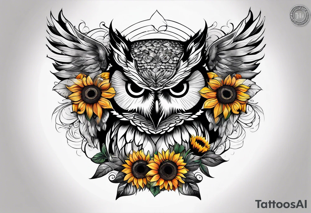 Arm sleeve with colorful sunflowers and an owl tattoo idea