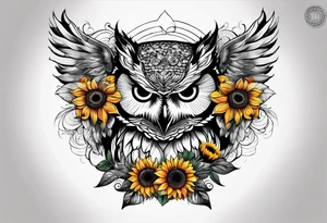 Arm sleeve with colorful sunflowers and an owl tattoo idea