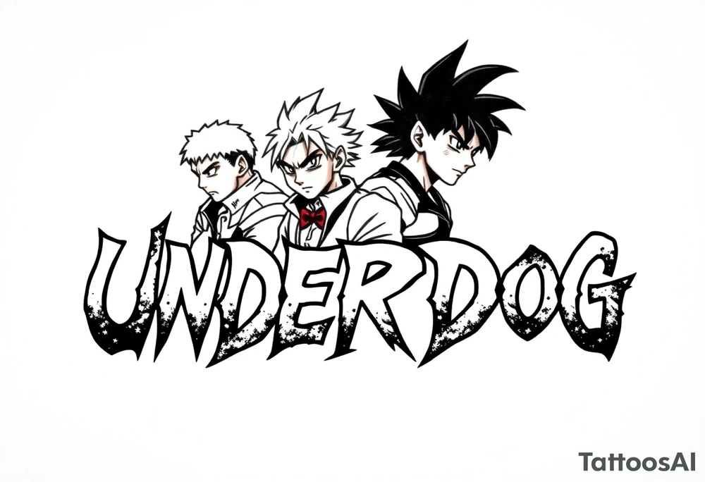 the word underdog in a with 3 anime characters Ippo and Naruto and son Goku tattoo idea