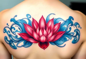 A soft red water lily, with darker edges and lighter pink hues in the center, surrounded by intricate swirling water in cool blues, representing passion and fluidity. tattoo idea