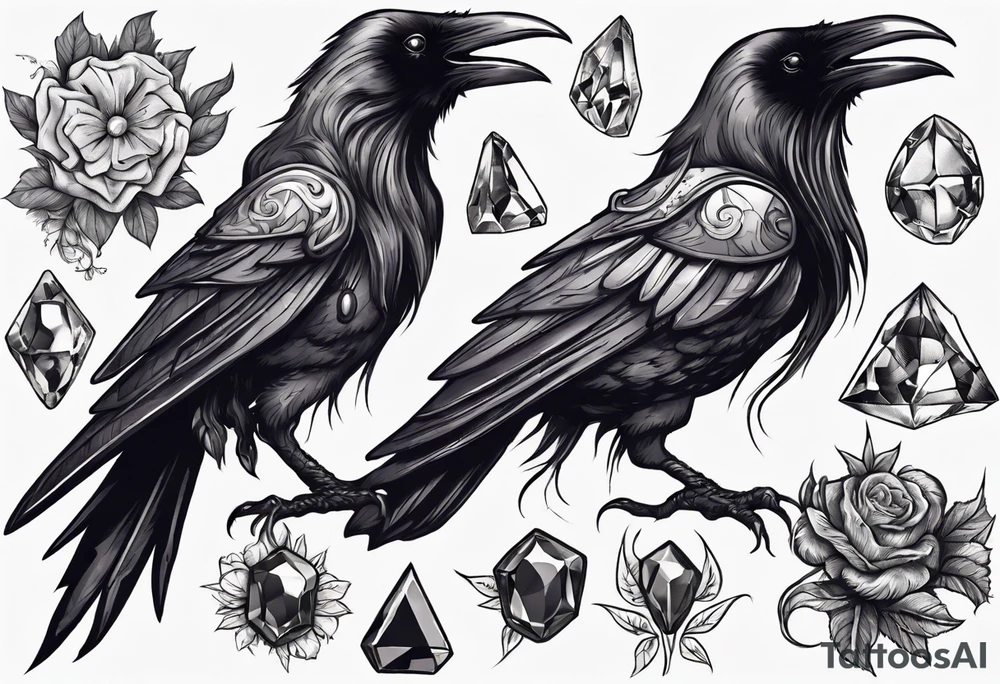 Demon Raven surrounded gems poisonous plants and astrology. tattoo idea