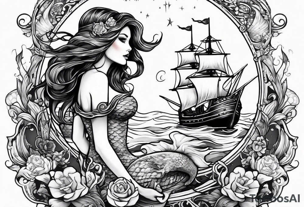 mermaid with galleon ship tattoo idea