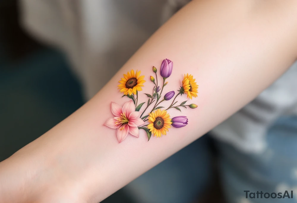 Dainty stargazer lillies in light pink with no outline with small yellow sunflowers and purple tulip buds in a dainty wildflower bouquet with stems tattoo idea