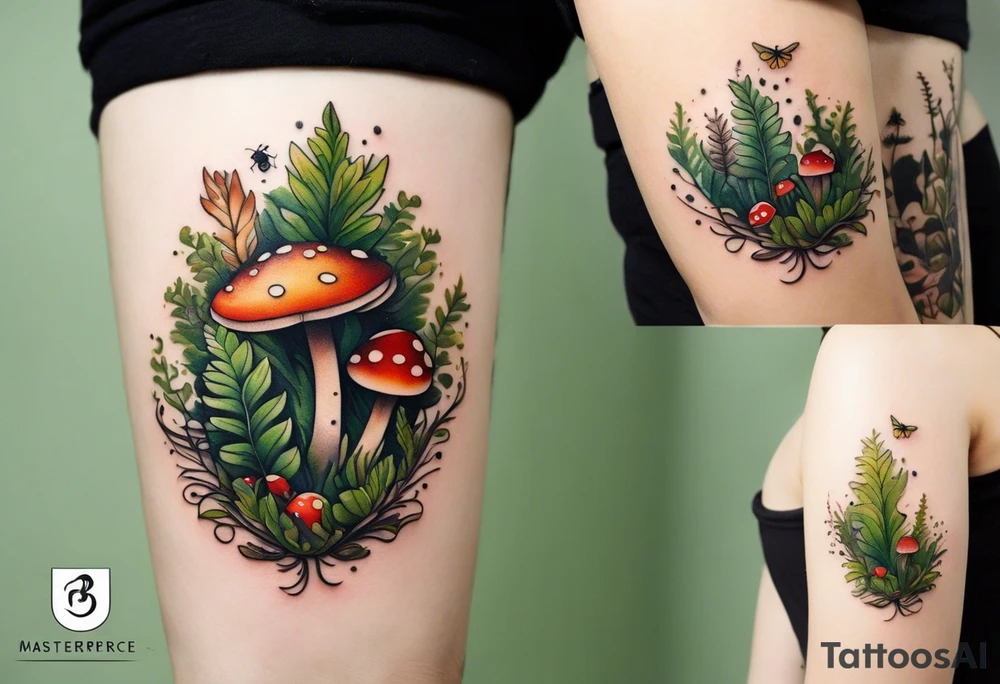 minimalistic forest floor inspired tattoo, which includes grass, moss, curly ferns and dead leaves as the bulk of the tattoo. details to include: forest berries, couple of very small brown mushrooms, a tiny bumblebee flying nearby tattoo idea
