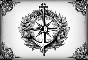 A selucid anchor in front of a compass with north south east west marked on it and a narrow laurel wreathe wrapped around the compass tattoo idea