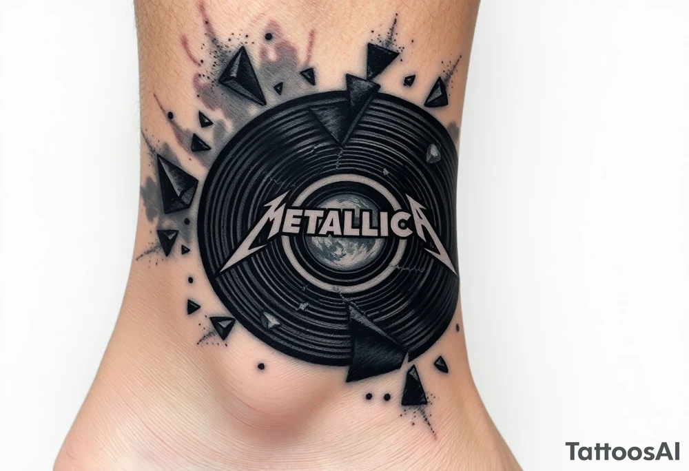 A cracked vinyl record with Metallica’s logo on it, surrounded by dark mist and fragmented shards of the vinyl in smoky black and grey tones tattoo idea