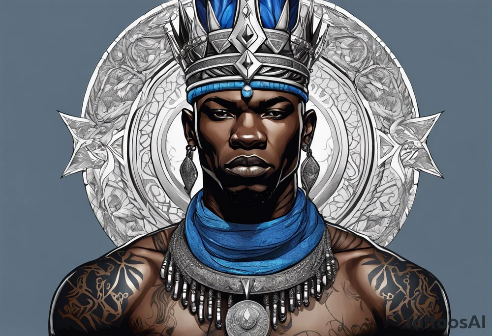 Black-skinned bald african warrior king with a simple silver crown. He uses blue necklaces and has a sword tattoo idea