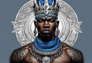 Black-skinned bald african warrior king with a simple silver crown. He uses blue necklaces and has a sword tattoo idea