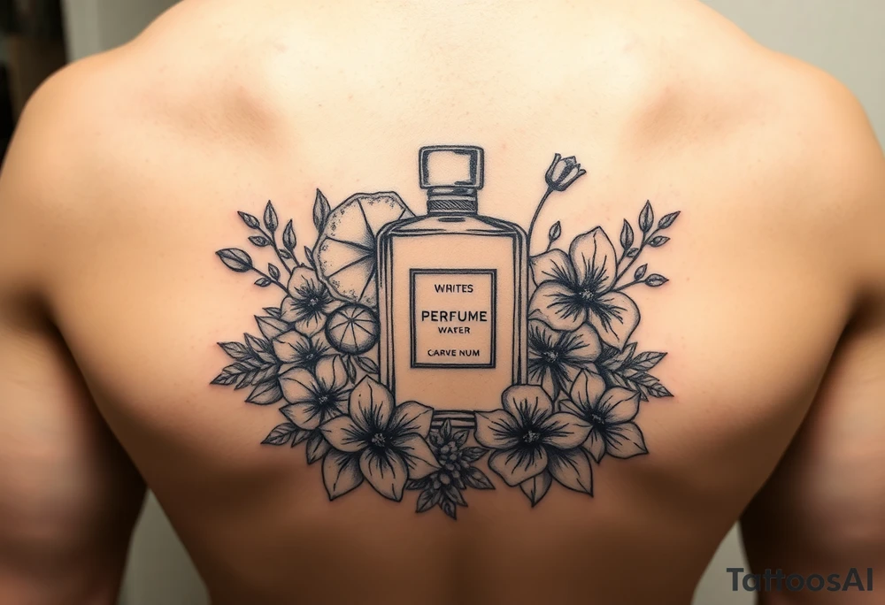 Modern perfume bottle surrounded by sliced citruses, woods, water and violet flowers tattoo idea