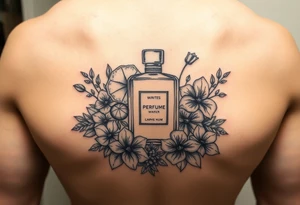 Modern perfume bottle surrounded by sliced citruses, woods, water and violet flowers tattoo idea