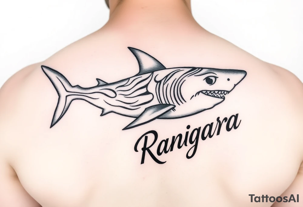 tribal shark with Rangiroa text on the back tattoo idea
